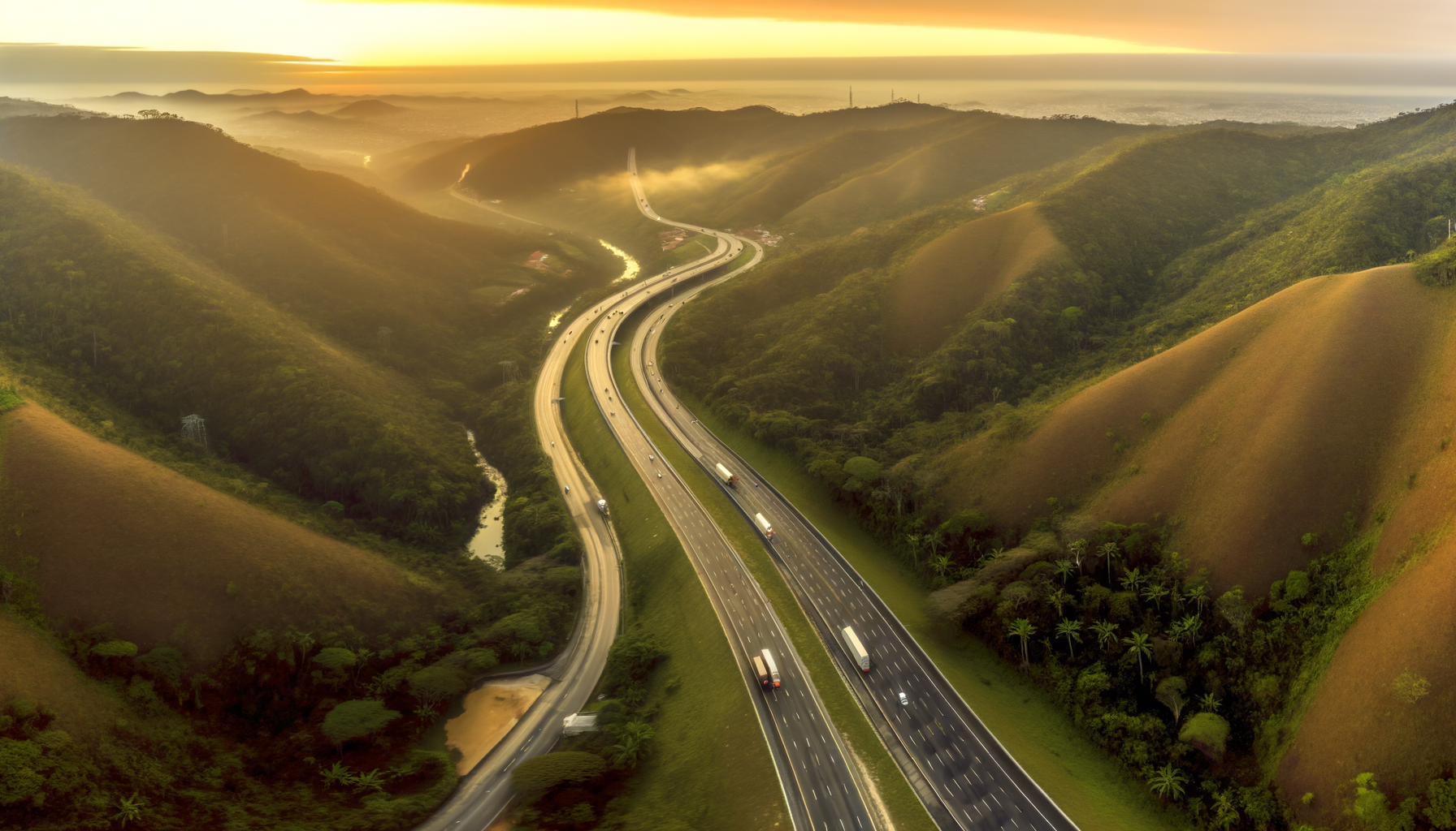Vista aérea de rodovia brasileira entre montanhas